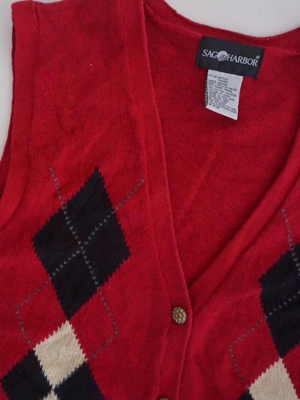 Vintage Sag Harbor Red Argyle Diamond Button V Neck Ribbed Knit Sweater Vest L - Picture 5 of 9